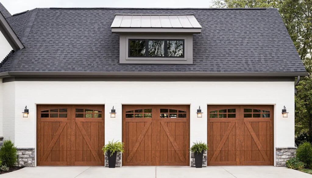 Home with Clopay Series Carriage House 5-Layer garage doors